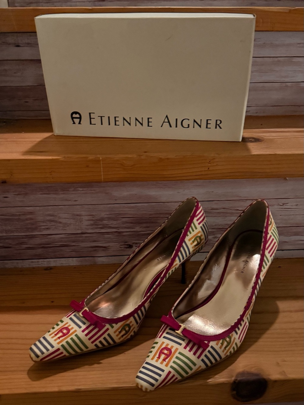 Etienne Aigner Multicolor Striped Logo Pointed-Toe Pumps with Pink Trim